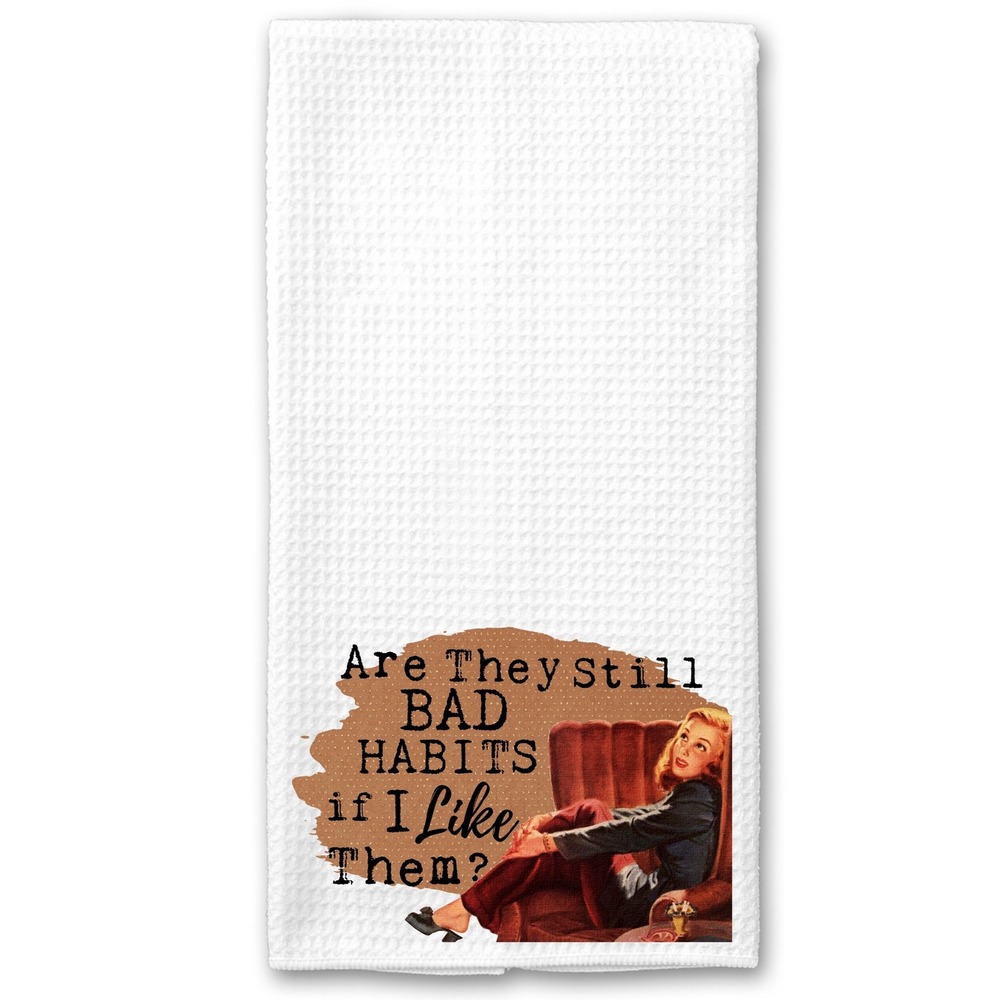 Vintage Style Bad Habits Waffle Weave Kitchen Towel White Funny Retro Graphic